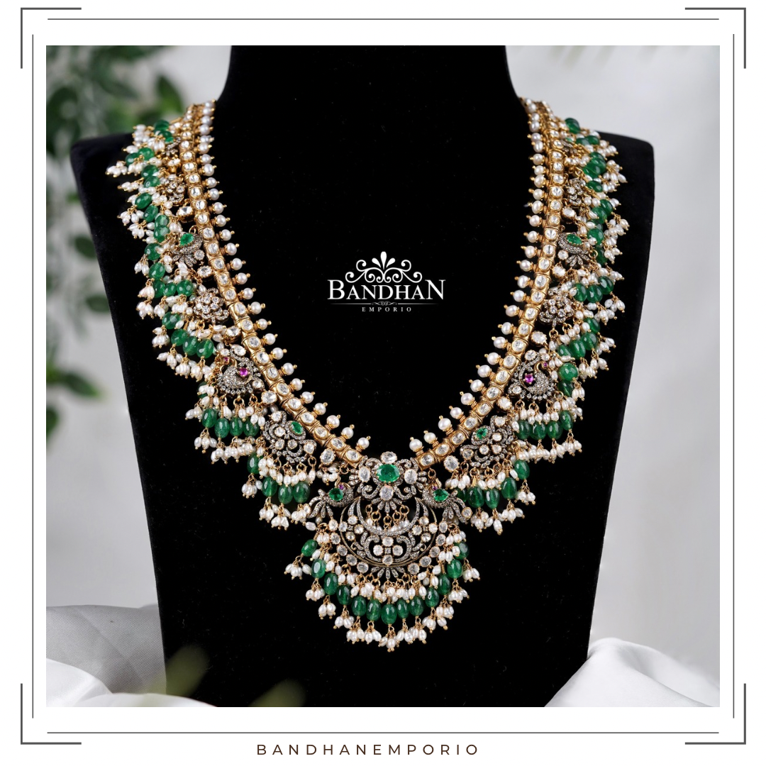 Pure 92.5 Silver Polki Victorian Guthapusalu Necklace set