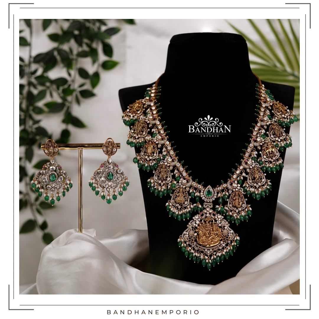 Pure 92.5 Silver Polki Victorian Guthapusalu Necklace set